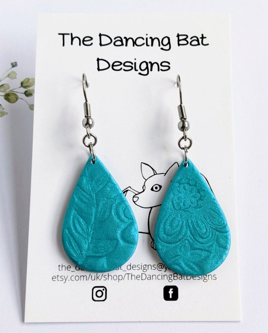 Turquoise Dangle Earrings With Illusion 3D Effect, Teardrop Shape, Polymer Clay