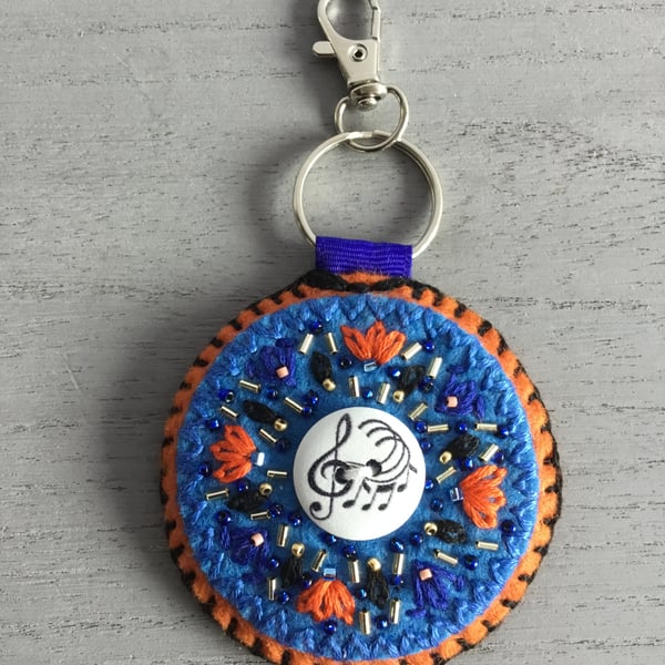 Hand Embroidered Music Bag Charm or Keyring