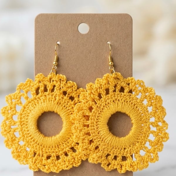 Crochet Boho Mandala Earrings Festival Yellow 