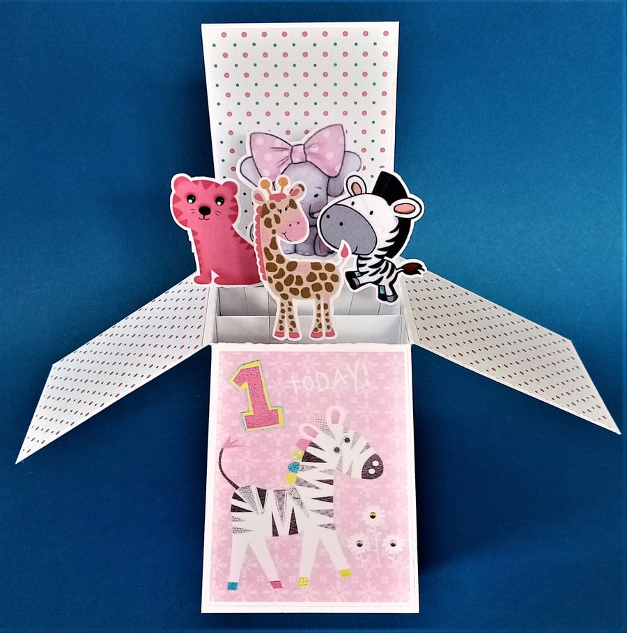 Girls 1st Birthday Card with animals