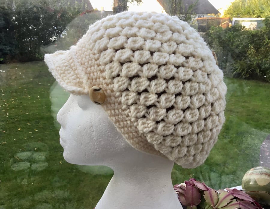 Double Layered Cream Baker Boy Style Crocheted Hat for the Discerning Lady!