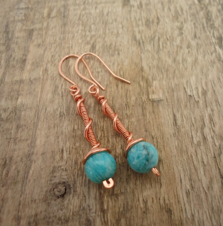 Amazonite Earrings, Wire Wrapped Amazonite Earrings, Copper Earrings