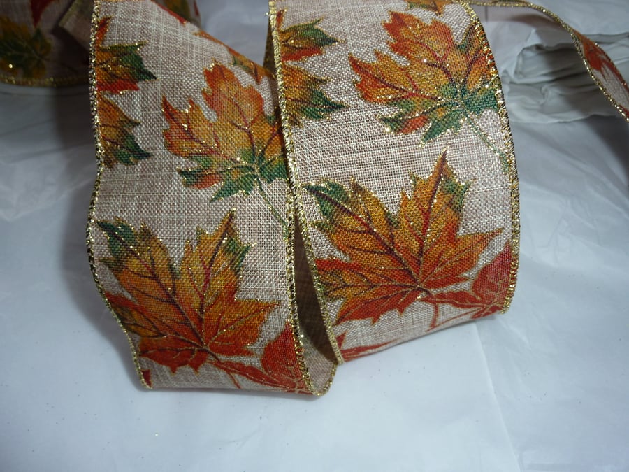 1 Metre Wire Edged Christmas Ribbon 63mm Maple Leaf Fall 