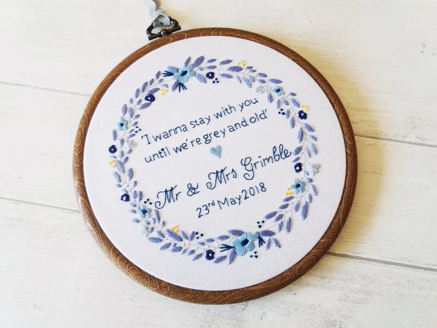 Floral Wreath Cotton Anniversary Gift - Custom Hand Embroidered Hoop