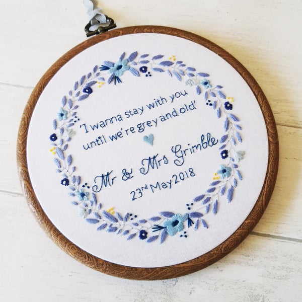 Floral Wreath Cotton Anniversary Gift - Custom Hand Embroidered Hoop