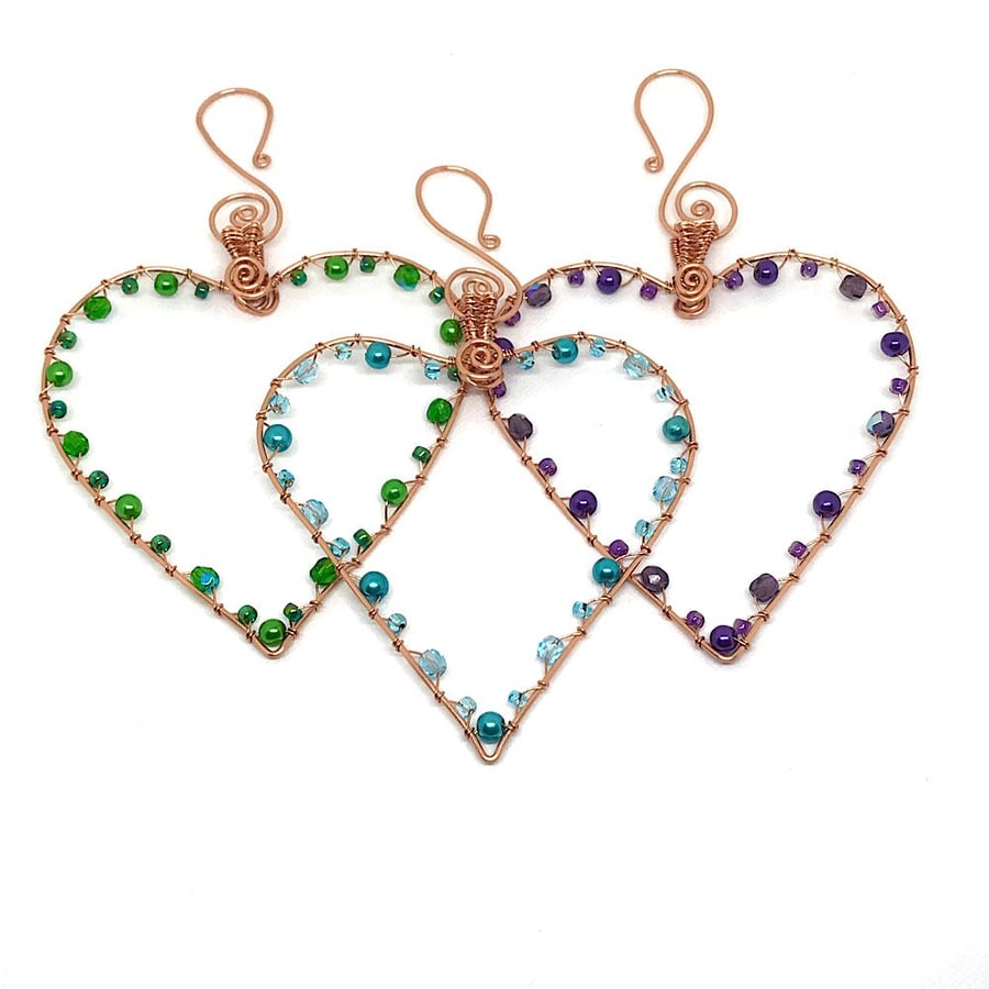 Copper Heart Decorations, Green, Turquoise Blue or Purple