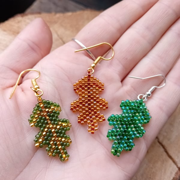 Mighty oak leaf beaded dangle earrings pair