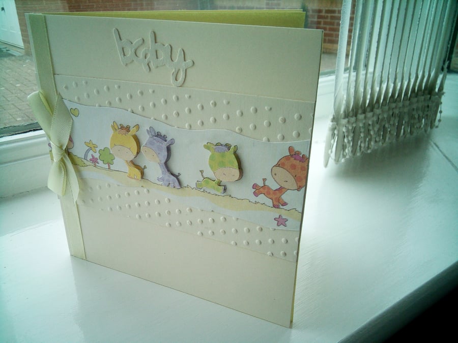Cute giraffe decoupage new baby card personalised