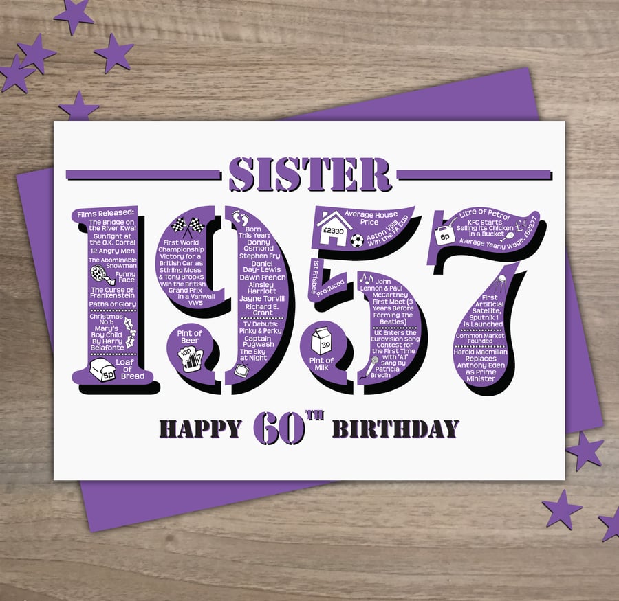 Happy 60th Birthday Sister Year of Birth Greetings Card - Born in 1957 - Facts