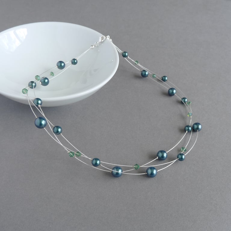 Dark Green Floating Pearl Necklace - Petrol Blue Bridesmaids Jewellery - Gifts