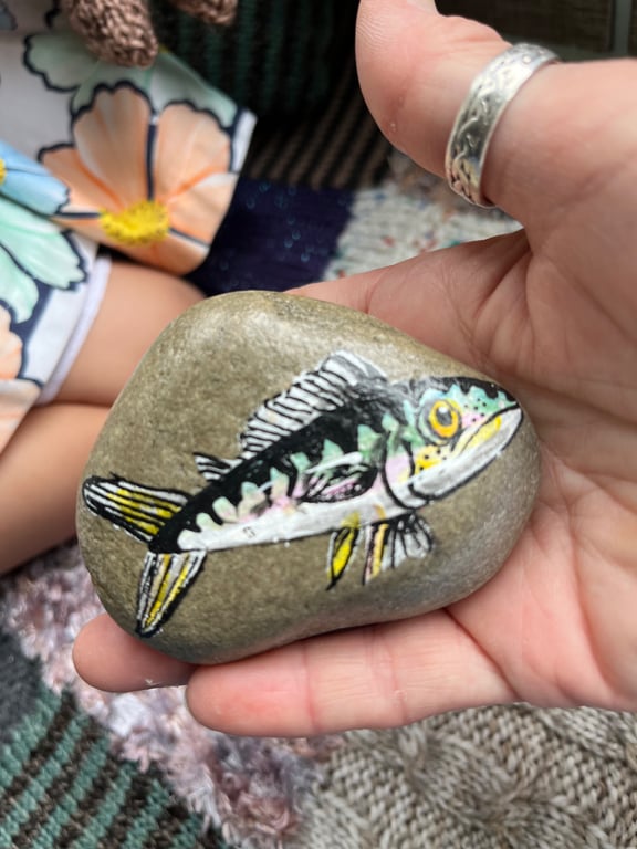 Mackerel fish  hand painted and varnished paper weight stone 