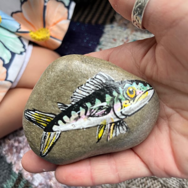 Mackerel fish  hand painted and varnished paper weight stone 