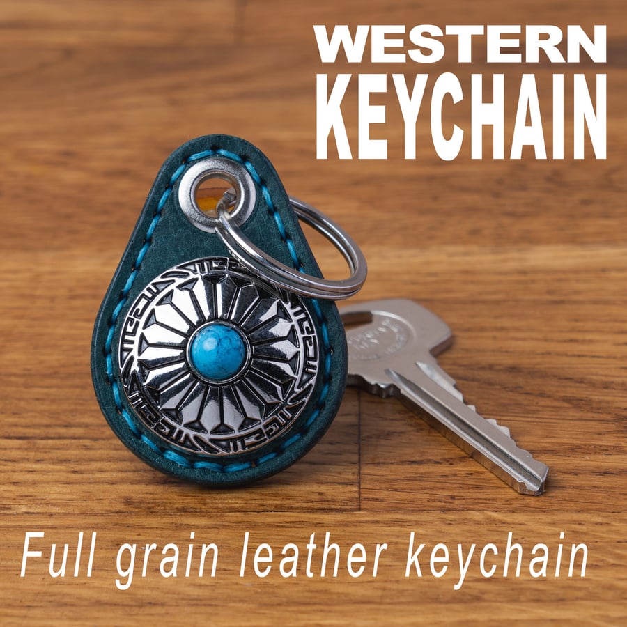 Personalised Handmade Leather Keychain with Turquoise Flower Concho