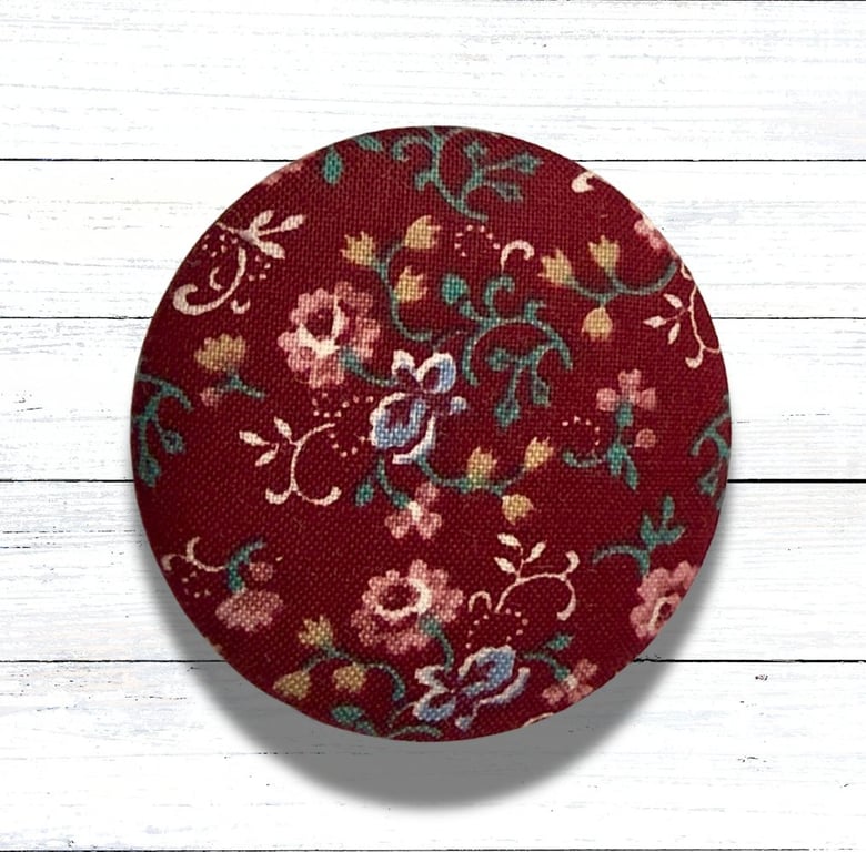 Red Floral Fabric Covered Button Badge Brooch, Handmade, Christmas Gift