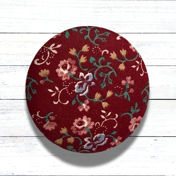 Red Floral Fabric Covered Button Badge Brooch, Handmade