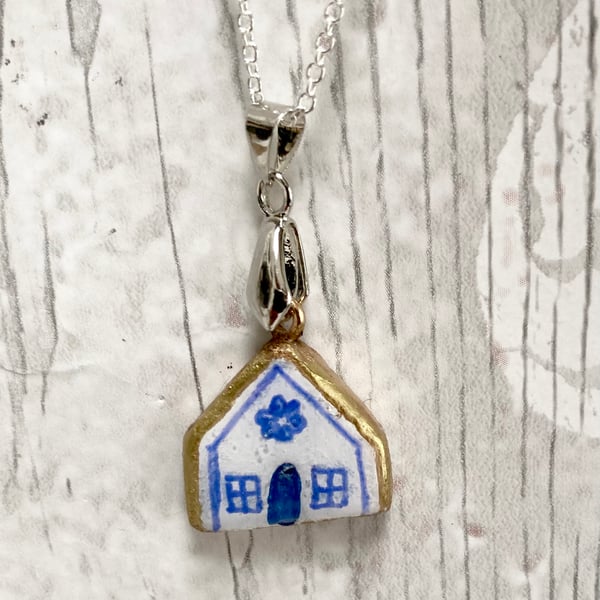 Mini House Pendant Necklace Clay Charm Blue & White