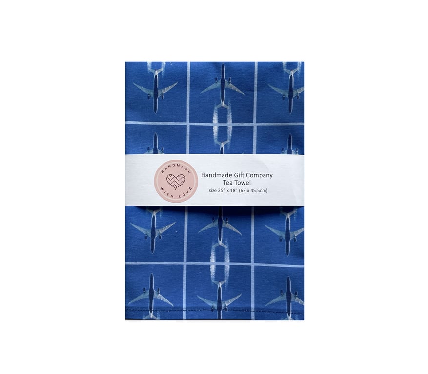 Fabric Handmade Pretty Cotton Tea Towel with a Blue Sky Aeroplane Design