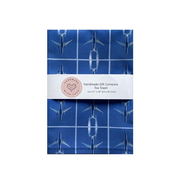 Fabric Handmade Pretty Cotton Tea Towel with a Blue Sky Aeroplane Design