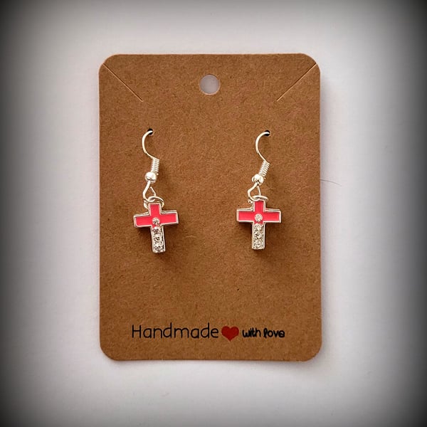 Silver & Pink Crystal Cross Charm Earrings, Silver Plated Hooks, Pillow Gift Box