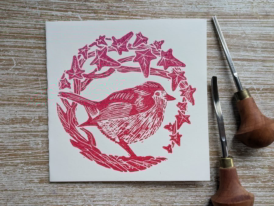 Red Robin Ivy Christmas Card, original linocut handprinted card