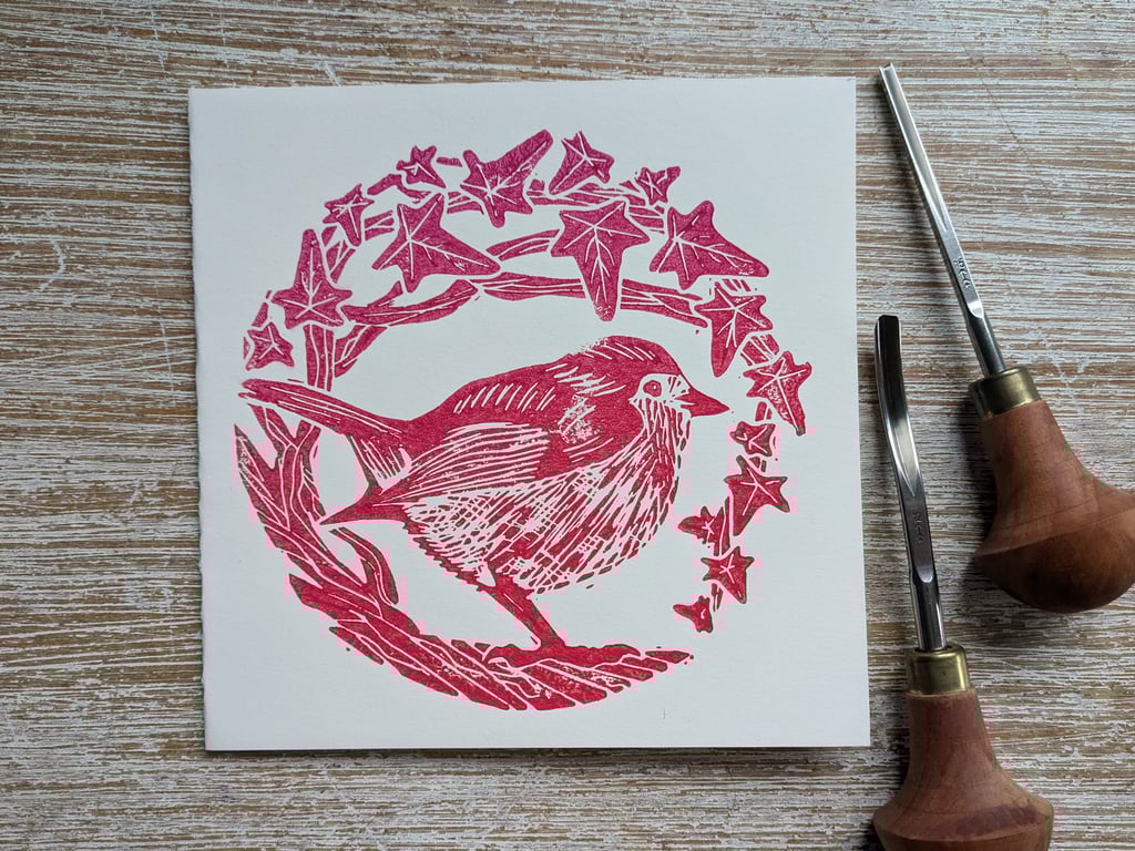 Red Robin Ivy Christmas Card, original linocut handprinted card