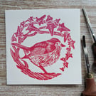 Red Robin Ivy Christmas Card, original linocut handprinted card