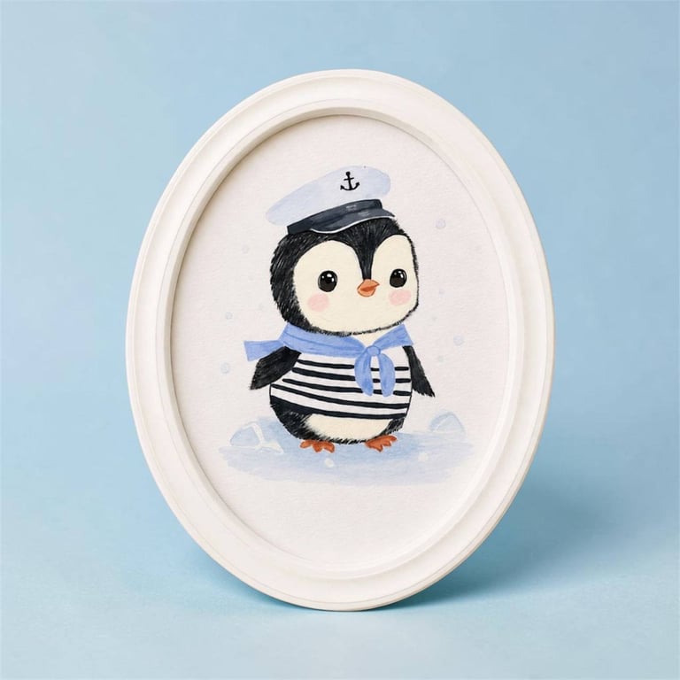 Hand Painted Sailor Penguin Wall Art, Framed Oval Acrylic Nautical Penguin Nurse