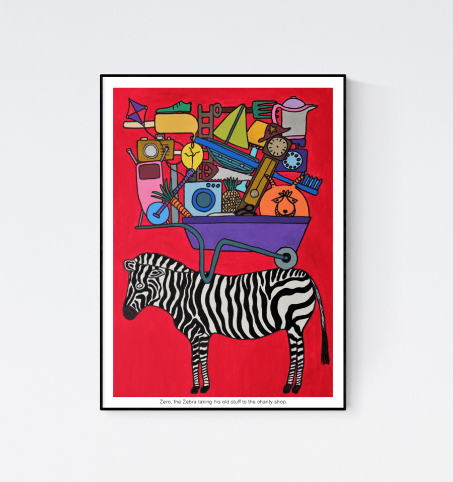 Art print signed, Zero the zebra taking his old stuff to the charity shop