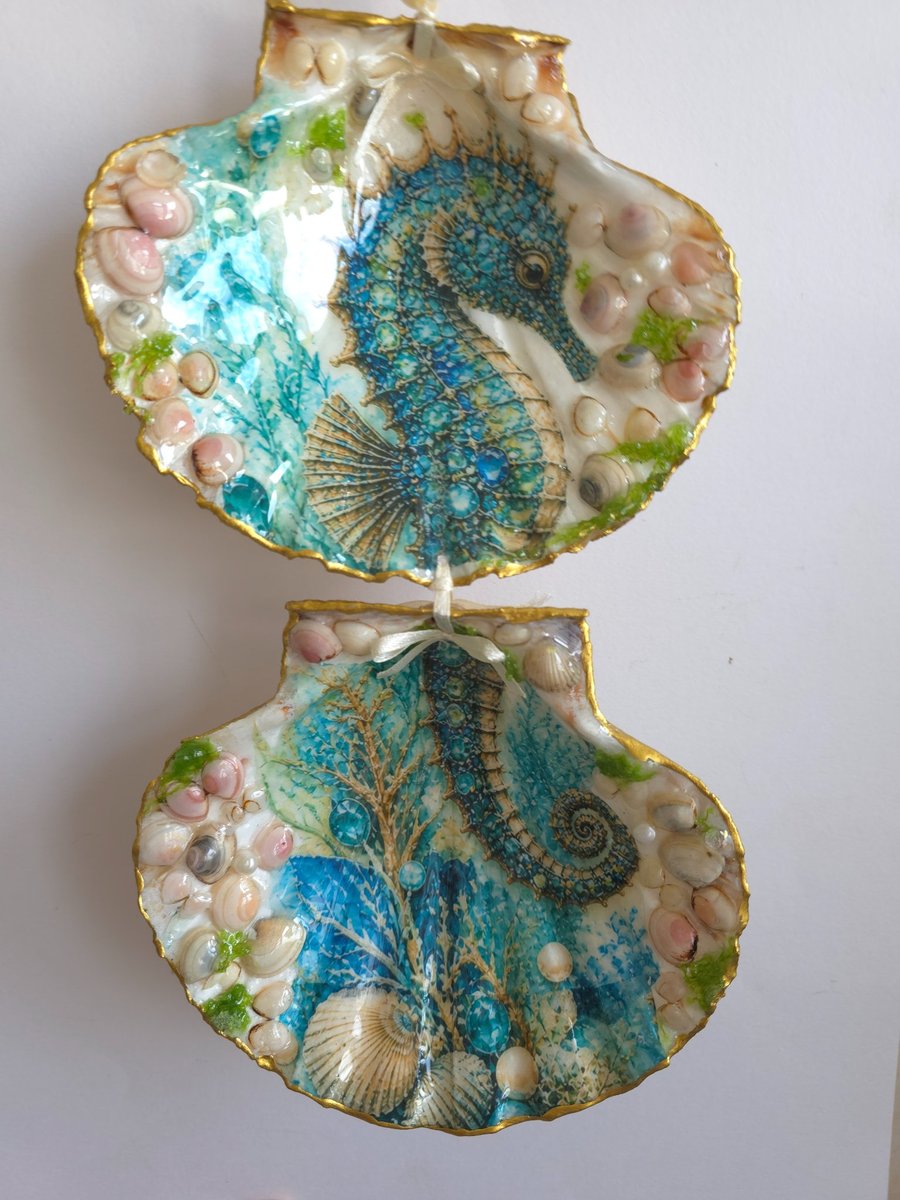 Shell Seahorse Wall Hanging Décor, Multicolour Nautical Sea Life (2 Shells)