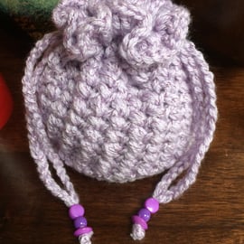 Hand Crochet Luxury Purple Sparkly Drawstring Bag Pouch Purse Handbag