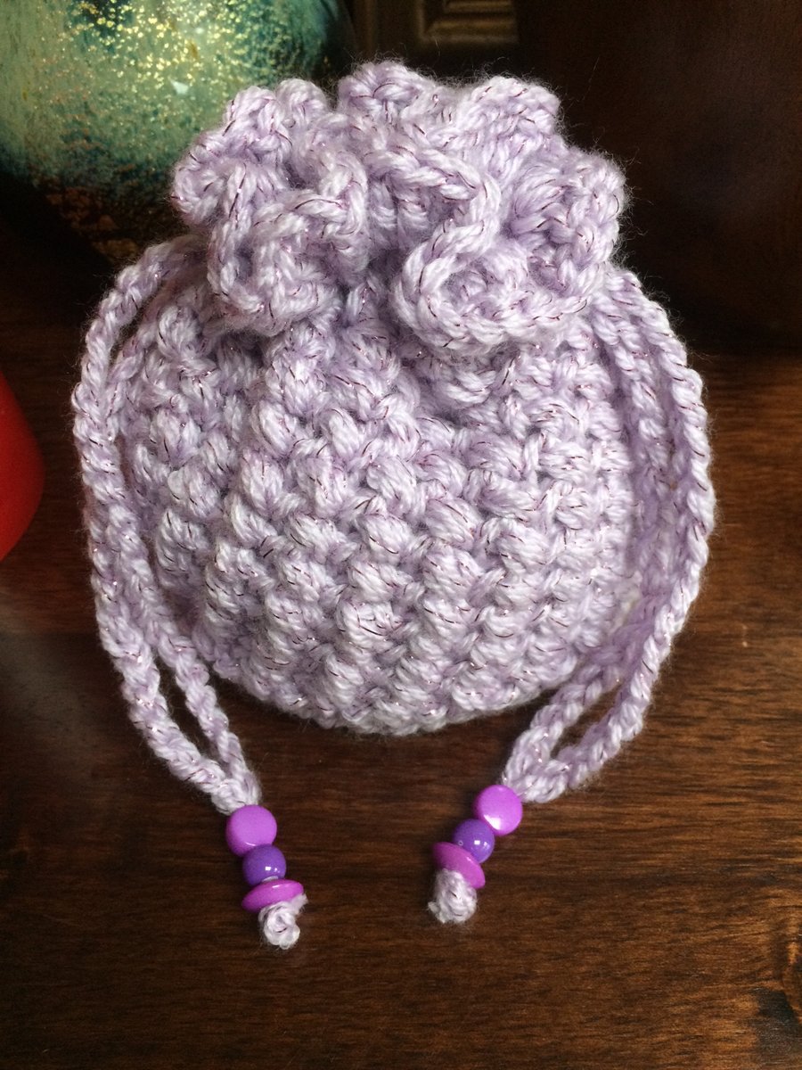 Hand Crochet Luxury Purple Sparkly Drawstring Bag Pouch Purse Handbag
