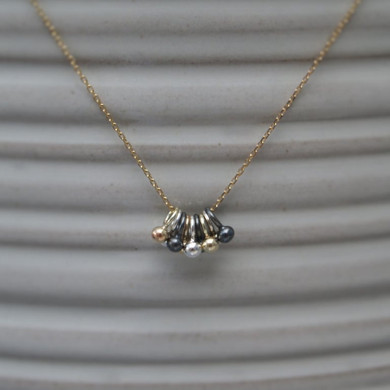 9ct yellow gold, silver and oxidised silver tiny seed ball pendants necklace