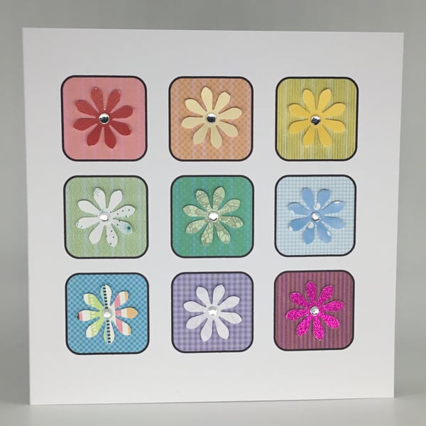 Blank card - coloured flowers on rainbow squares