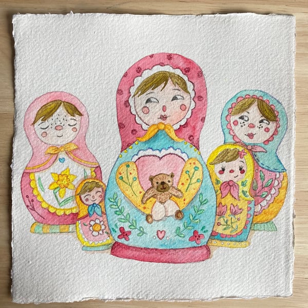 Matryoshka Family, watercolour paper, 20cm x 20cm original art.