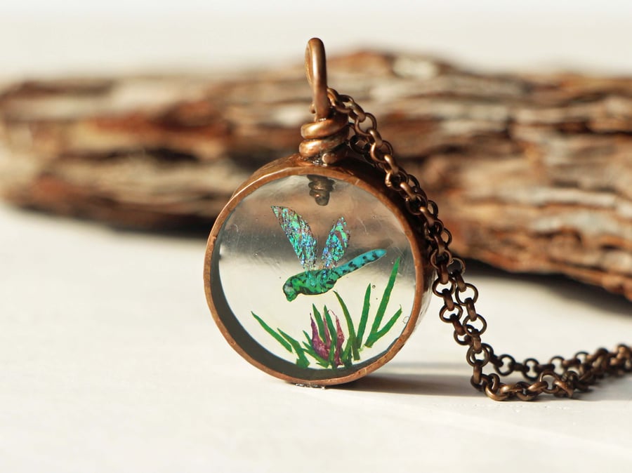 Copper Dragonfly Pendant Mixed Media Necklace Polymer Clay Resin