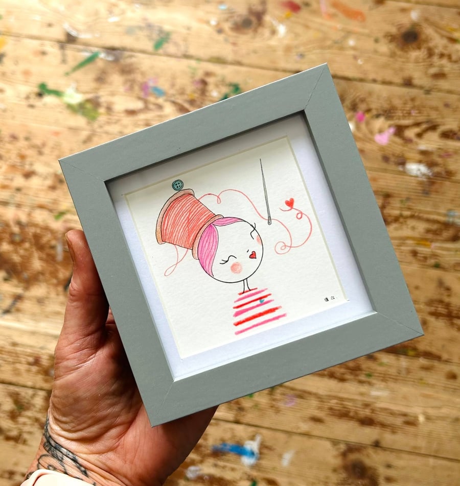 Miss Stitch - Framed Original Mini Illustration