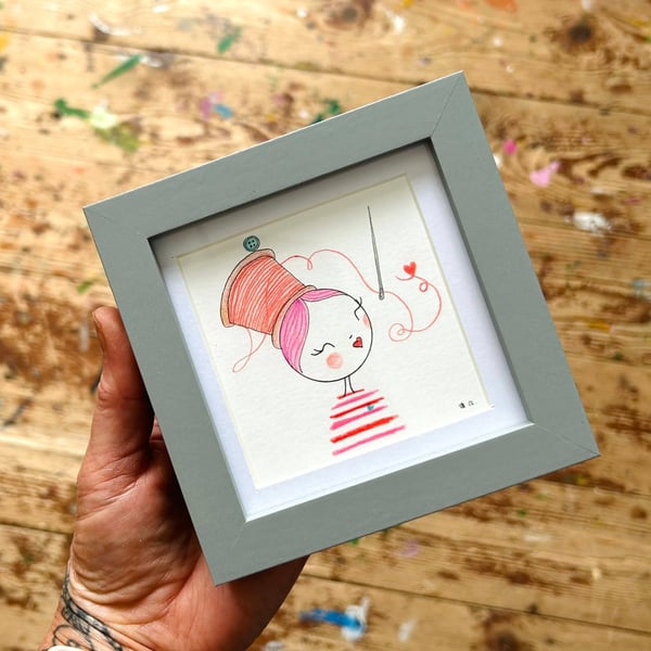 Miss Stitch - Framed Original Mini Illustration