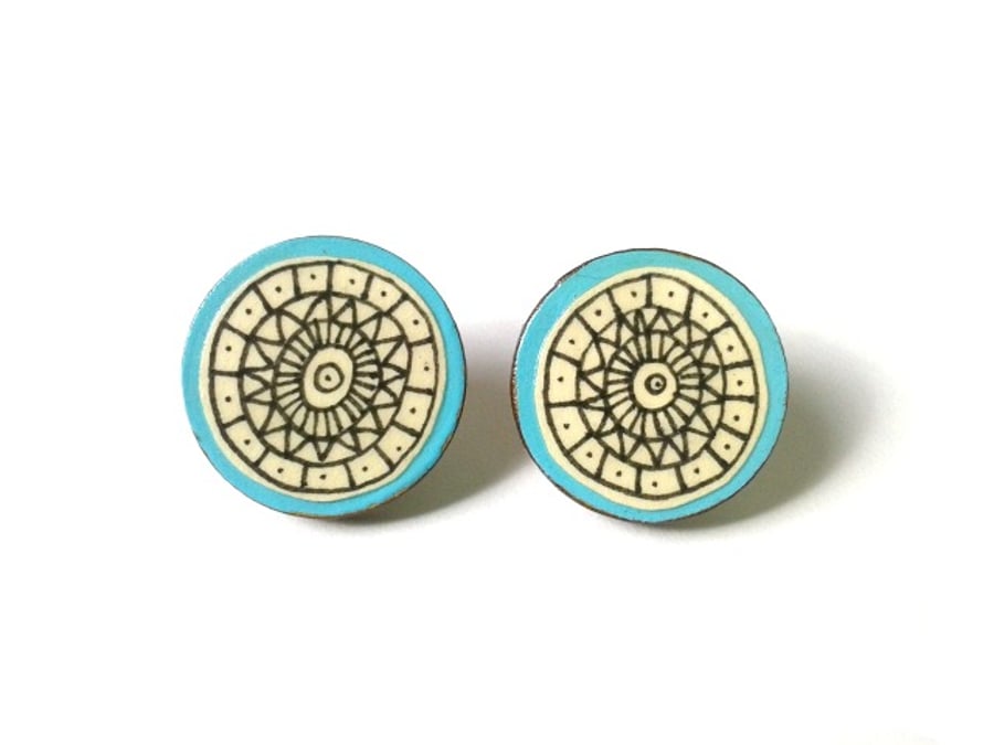 Contemporary Illustrated Turquoise Geometric Circle Stud Earrings