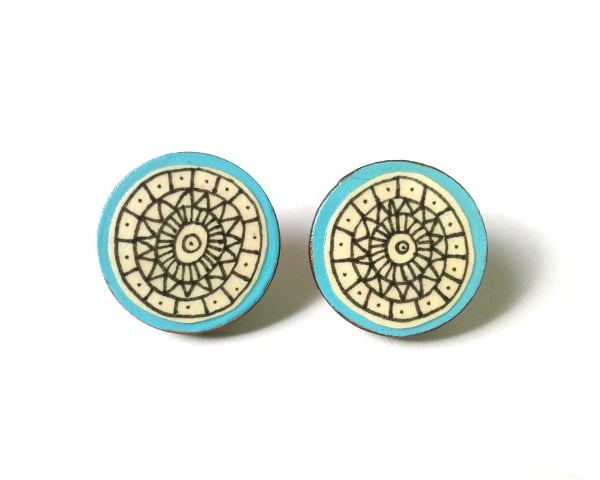 Contemporary Illustrated Turquoise Geometric Circle Stud Earrings