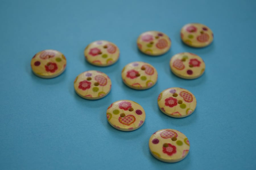15mm Wooden Red Green Pink Heart Buttons Natural Wood 10pk (SNH4)