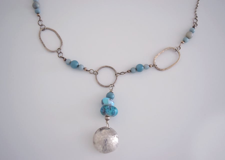 Necklace Turquoise Handmade Glass beads with silver loops and handmade beads