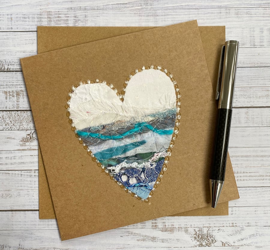Up-cycled seascape embroidered heart card. 