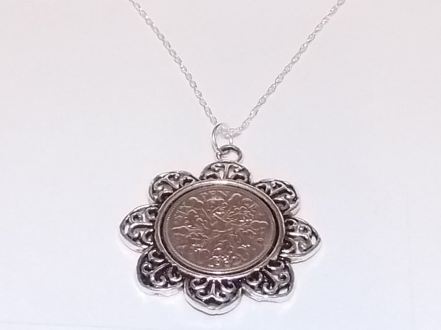 Floral Pendant 1935 Lucky sixpence 86th Birthday plus a Sterling Silver 18in Cha