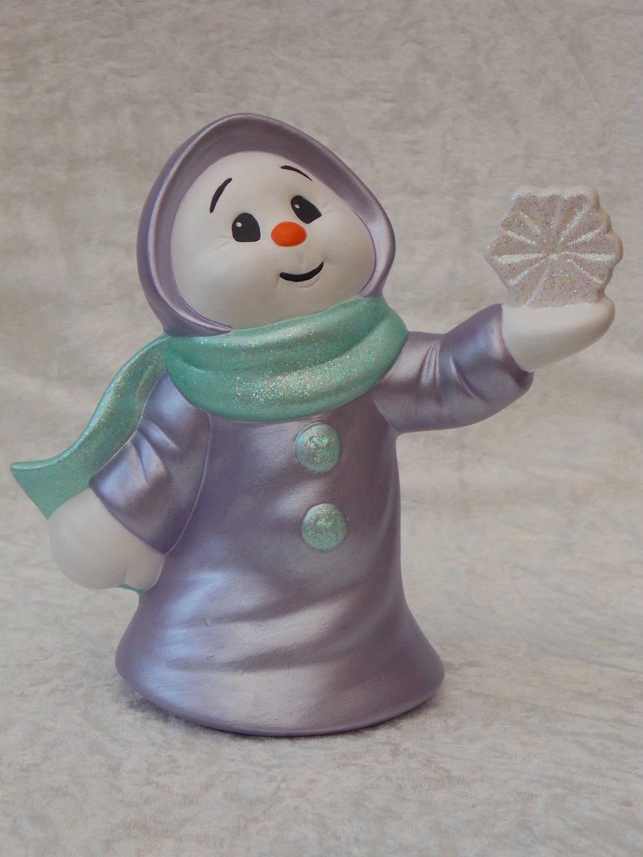 Hand Painted Ceramic Lilac Snow Lady & Snowflake Christmas Figurine Ornament.