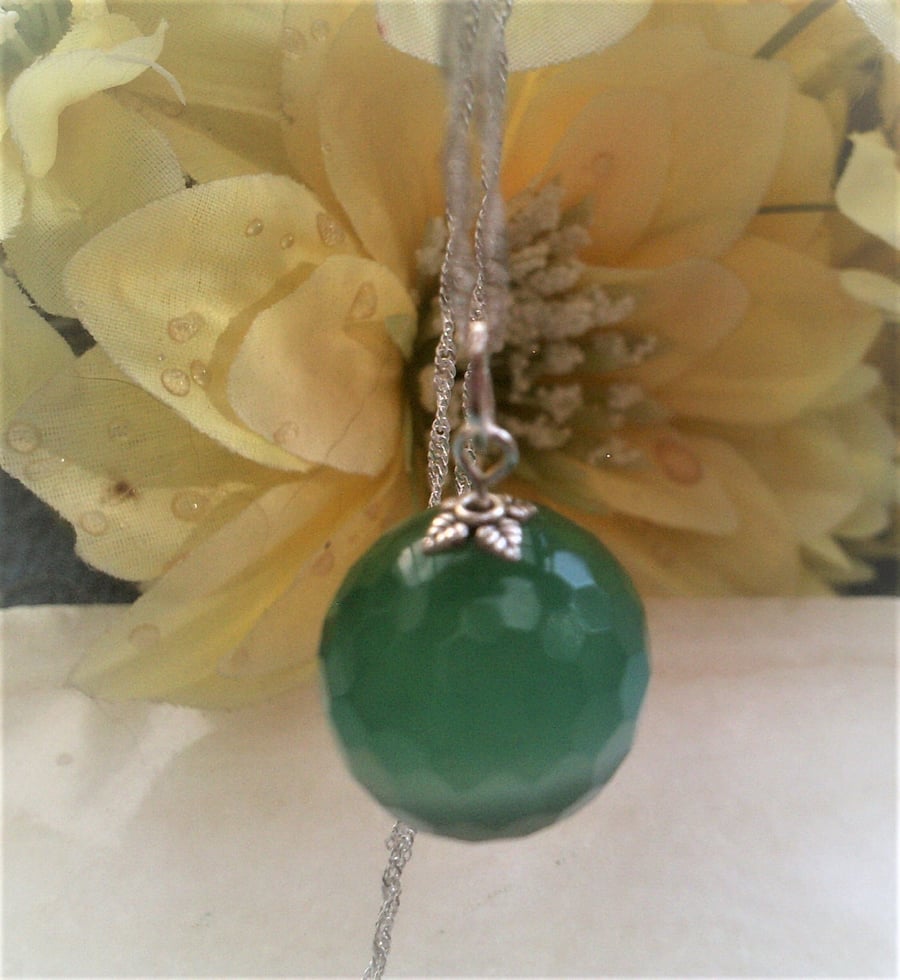 Green Agate Necklace Pendant with Long Sterling Silver Chain