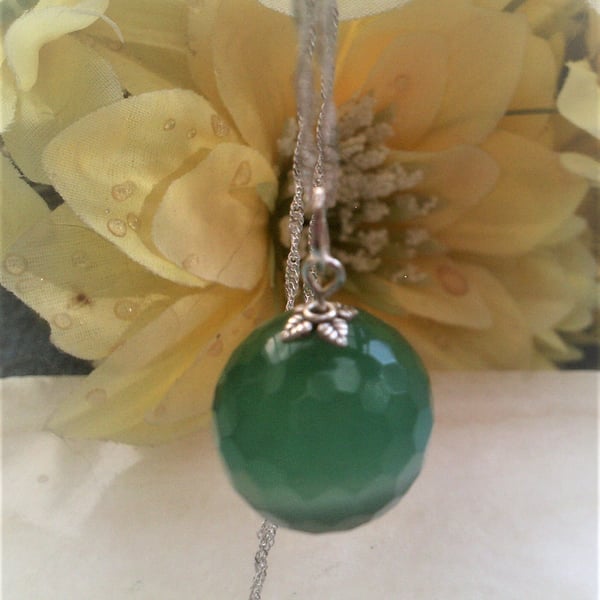 Green Agate Necklace Pendant with Long Sterling Silver Chain