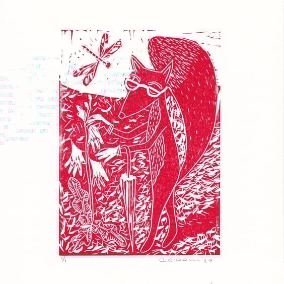 Fox Gloves  - Lino Print - Red Ink original Lino Print.