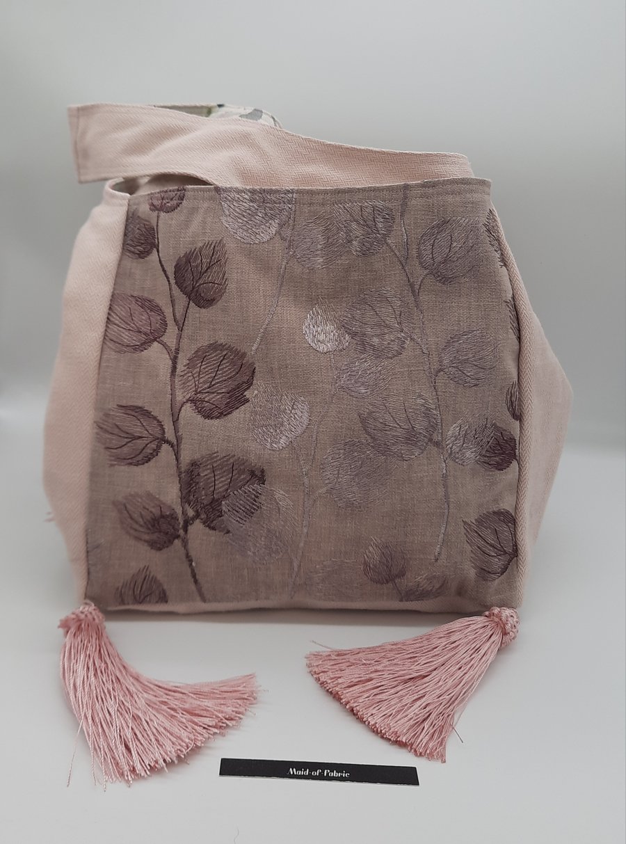 Mauve and pink botanical, shoulder handbag, Boho style, tassels. 