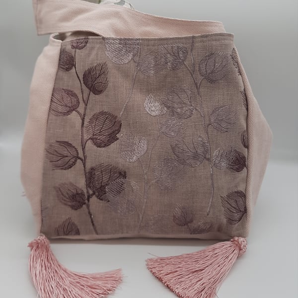 Mauve and pink botanical, shoulder handbag, Boho style, tassels. 