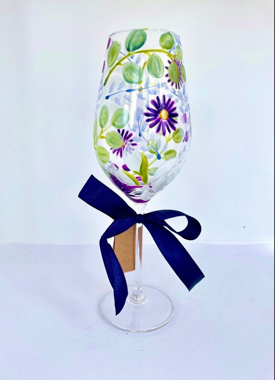 Hand Painted Wine Glass September Birth Flower Aster 